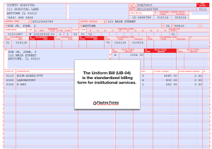 The UB-04 is a uniform institutional billing claim form used by hospitals, clinics, ambulatory surgery centers, rehabilitation centers, etc.